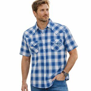 Ely Cattleman Men L Wrinkle Resistant Plaid Short Sleeve Western Shirt Blue/Whit
